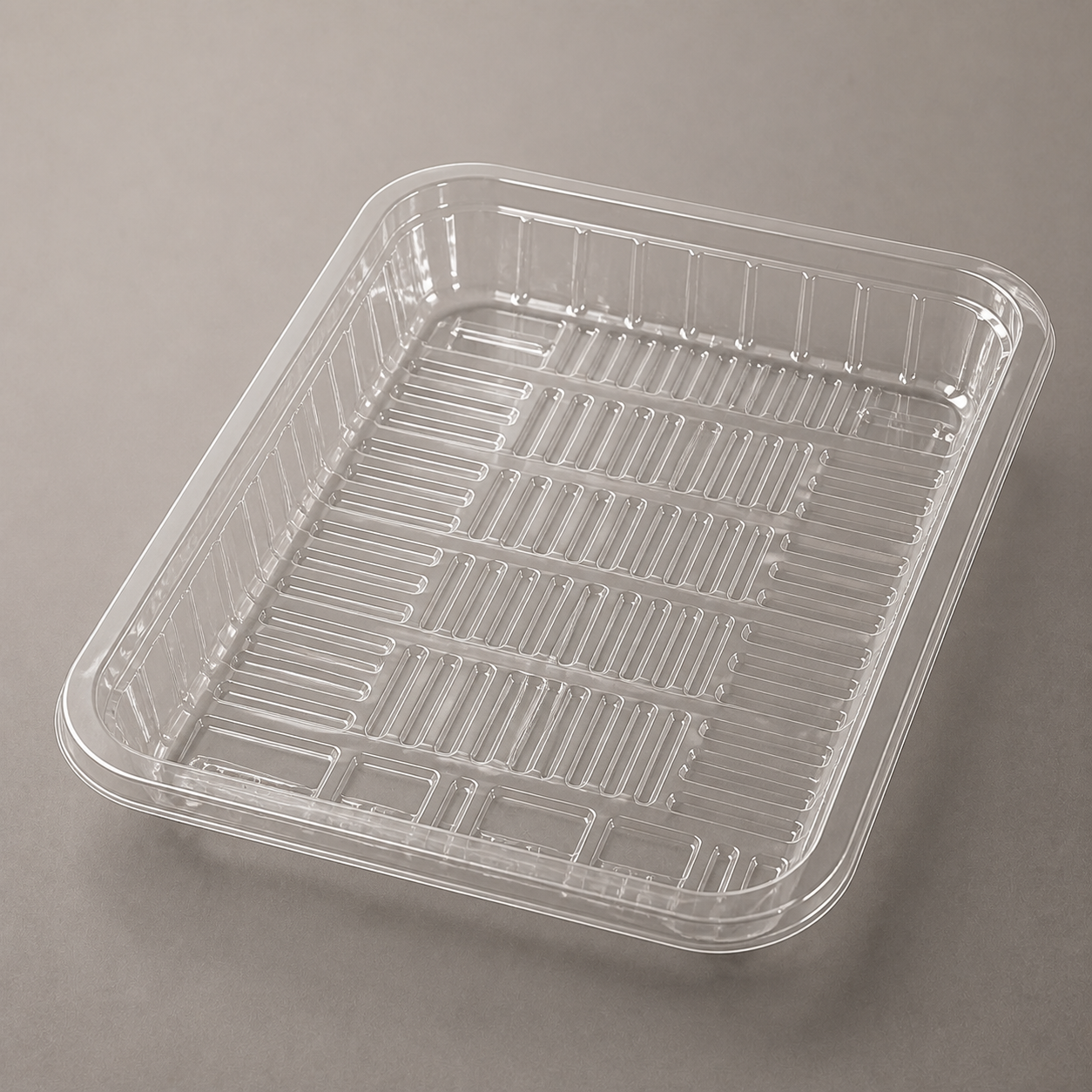 Clear rectangular plastic food tray
