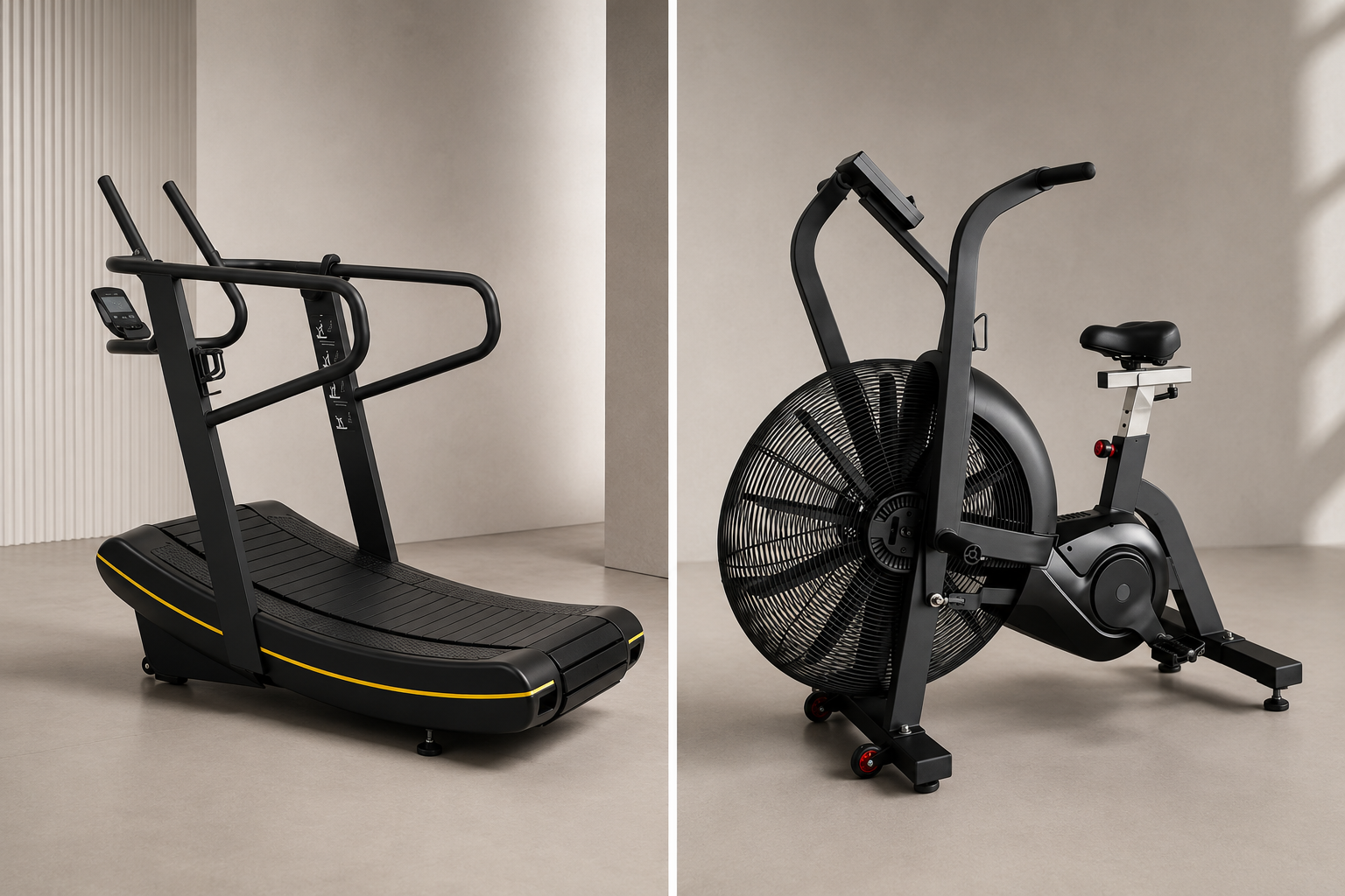 Treadmill and air bike gym equipment in a studio room
