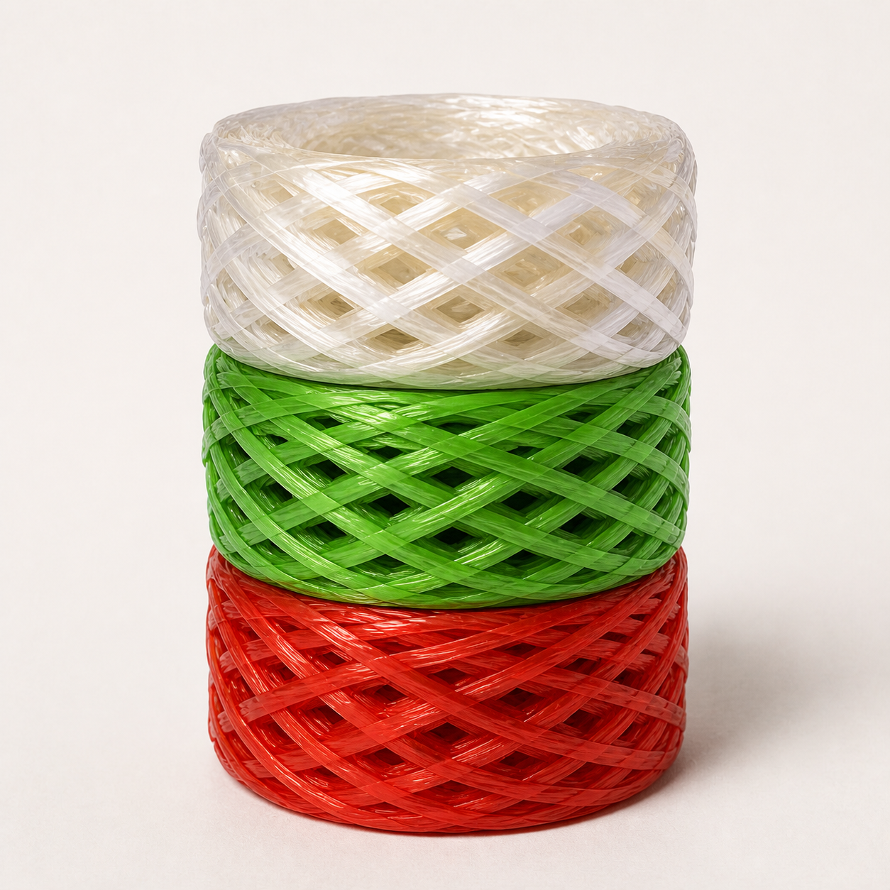 Stacked plastic straw tie rolls in red green and white