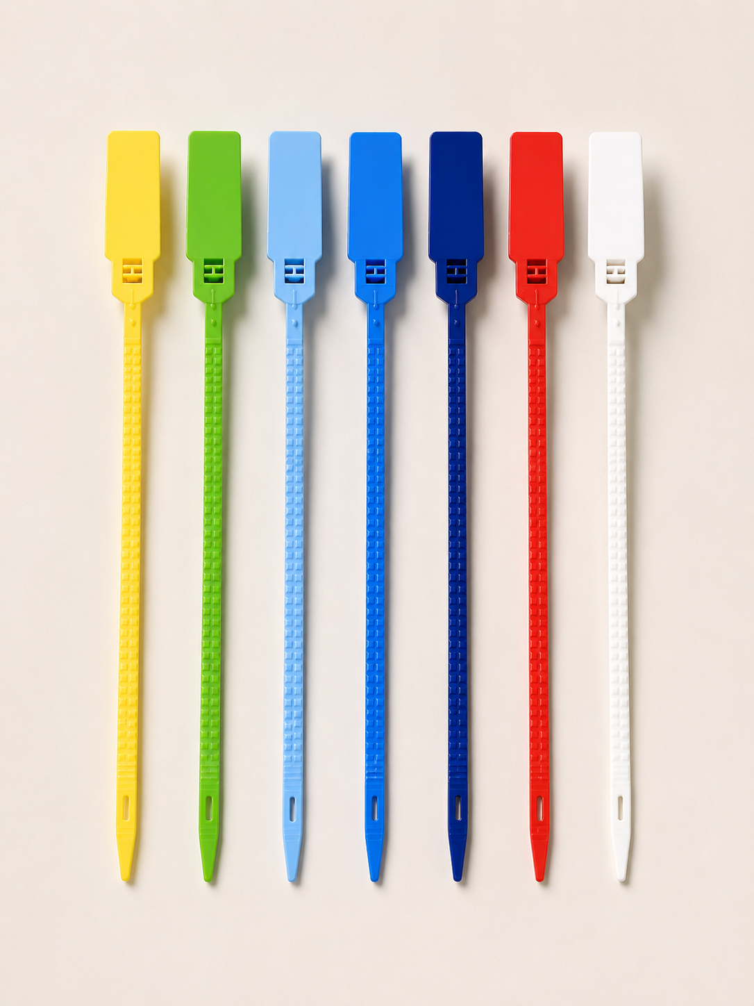 Assorted colored plastic truck seals arranged vertically